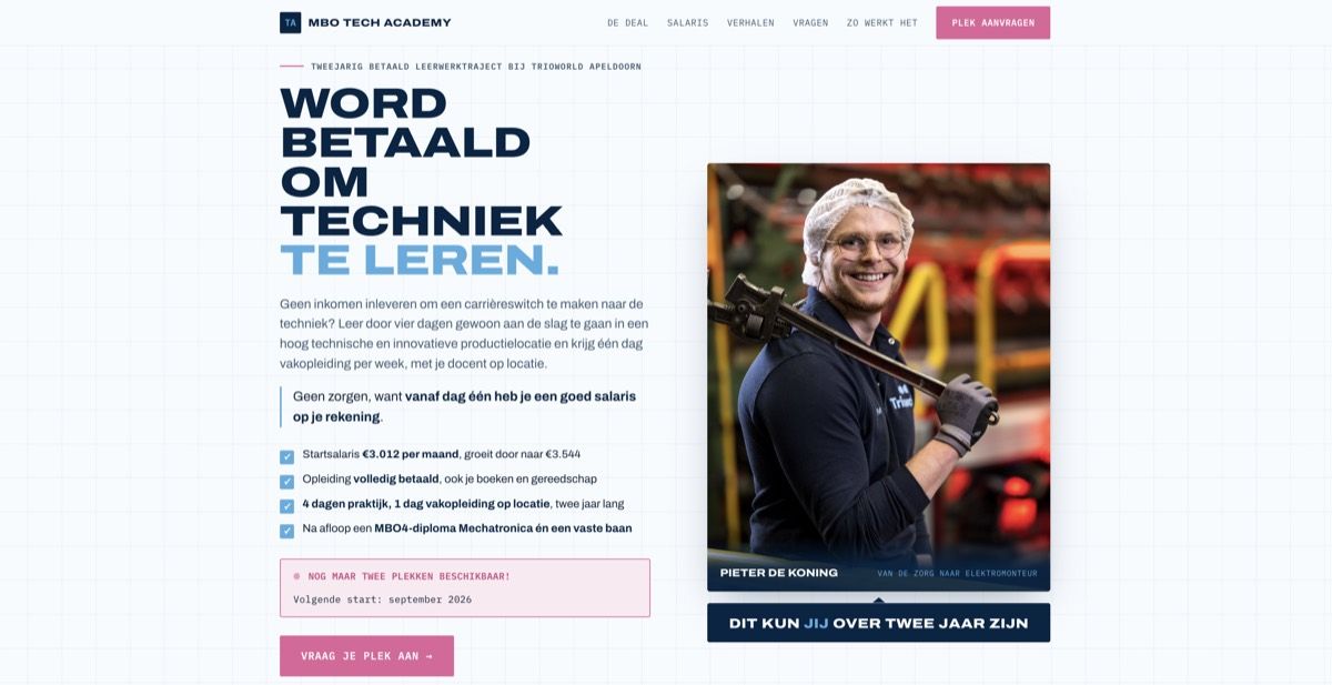De MBO Tech Academy, het merk en de wervingssite die wij voor Trioworld bouwden